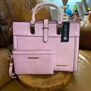 Dasein Faux Leather Belted Top Handbag with Matching Wristlet Wallet Pink